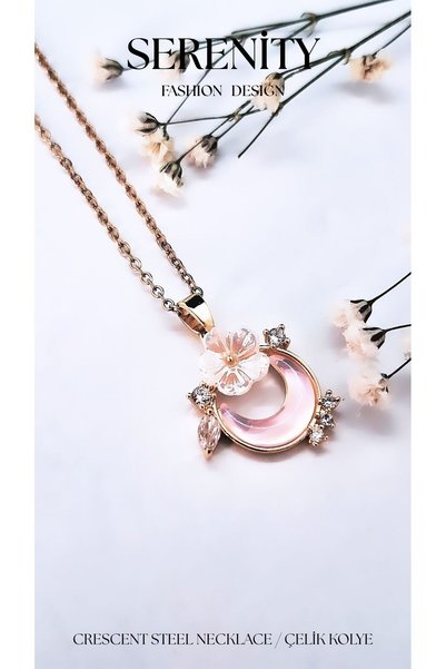 Serenity White Flower Steel Necklace with Pink Crescent Figure