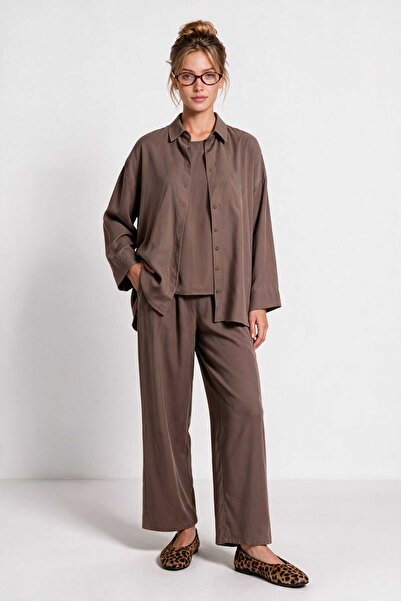 Lovelyİstanbul 3-Piece Shirt Blouse Trousers Gabardine Set Lby0071 Vi̇zon