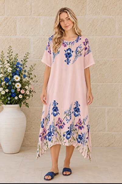 MARWARİ OTANTİK BUTİK Italian Raw Linen Patterned Oversize Dress 42-52