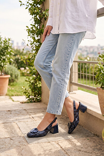 Lacivert Siyah Hakiki Deri Oval Tokalı Slingback Topuklu