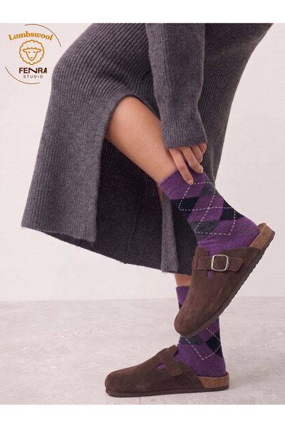 FENRA STUDIO Women's Winter Thermal Wool Warm Lambswool Purple Black Argyle S...