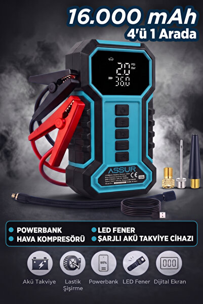 ASSUR 16.000 mAh Taşıma Çantalı Akü Takviye Cihazı | Hava Kompresörü | Powerb...