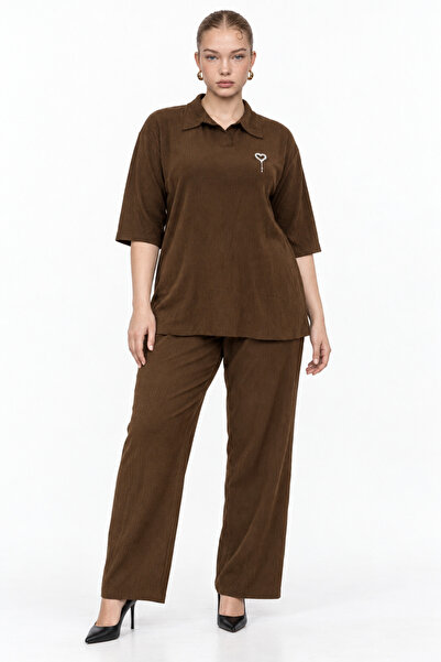 şuranur Women's Daily Shirt with Pockets and Collar Pants Set, Wrinkled Fabric