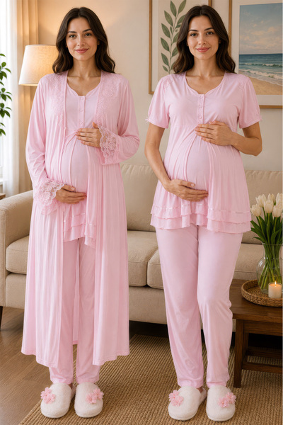 ByLohusa Comfortable Fit Short Sleeve Maternity Pajama Set with Dressing Gown...
