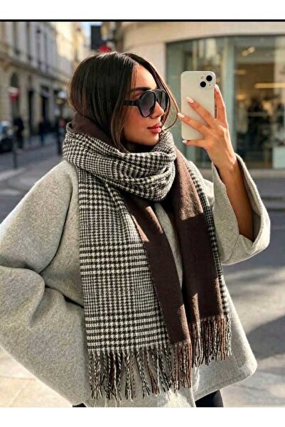 Betülce “Kadın Kışlık Ekoseli Yünlü Şal Çift Taraflı Omuz Şalı / Oversize Battaniye Şal 70x190cm-KAHVERENGİ