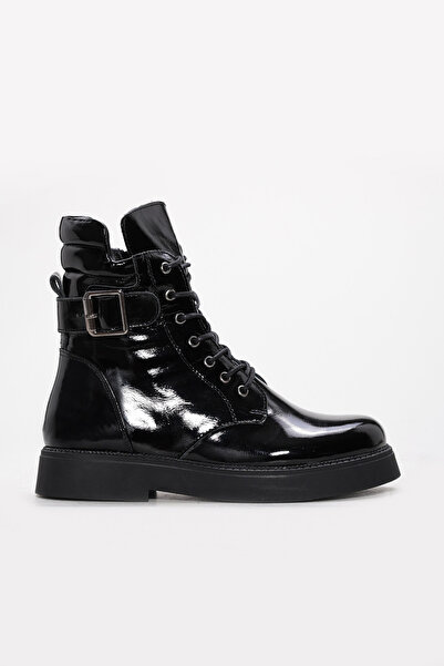 FAST STEP Genuine Leather and Fur Black Patent Leather Women's Classic Boots ...