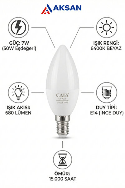 Cata CT-4079 7W E14 İnce Duy LED Buji Ampul 6400K Beyaz Işık | Avize, Aplik, ...