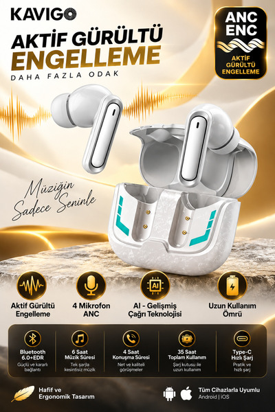 kawigo ANC ( Aktif Gürültü Engelleme ) Bluetooth Kulaklık 4 Mikrofonlu Bluetooth Kulaklık, Derin Bass, 35 Saat Kullanım, 40 Dakikada Hızlı Şarj