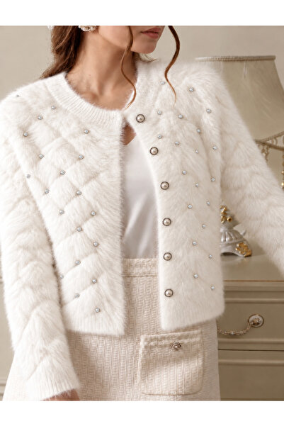 NATUFIAN STORE Women's Diamond Pattern Stone Detailed Plush Look Knitwear Bas...