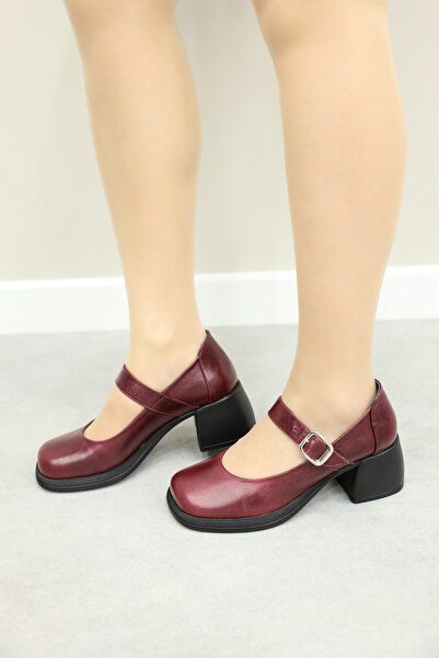 FAST STEP Genuine Leather Claret Red Women's Thick Heeled Shoes 217Za880-03