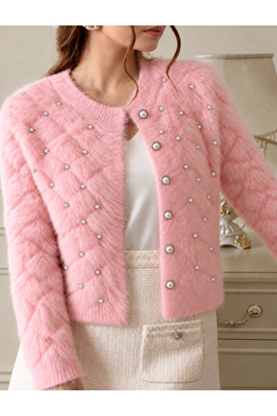 NATUFIAN STORE Women's Diamond Pattern Stone Detailed Plush Look Knitwear Bas...
