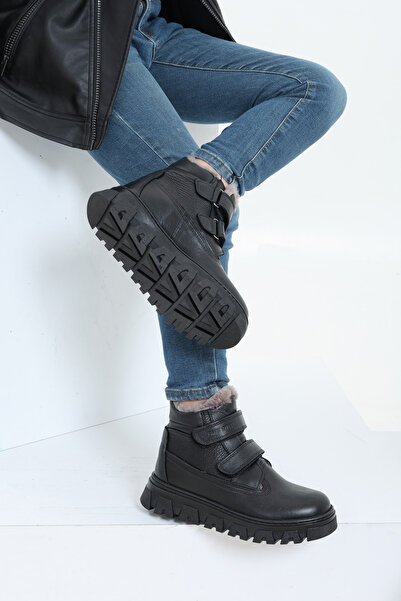 FAST STEP Genuine Leather and Fur Black Boys' Classic Boots 006Kxa6000