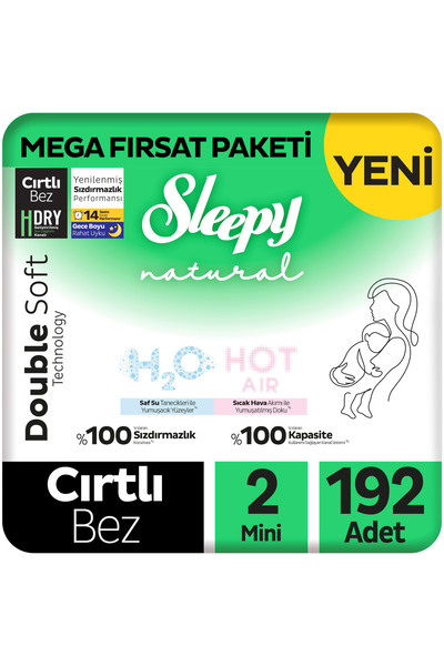 Sleepy Natural Double Soft Mega Fırsat Paketi Bebek Bezi 2 Numara Mini 192 Adet