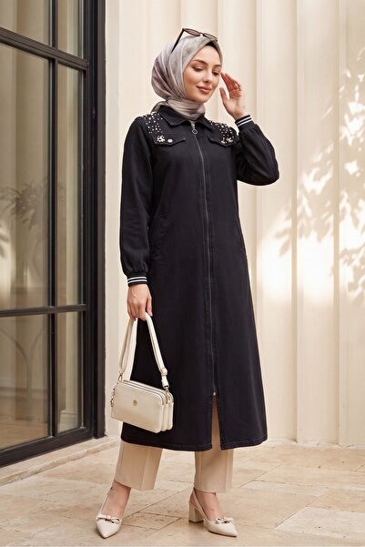 Modamorfo Long Denim Jacket with Pearl Shoulders and Ribbed Zipper Closure