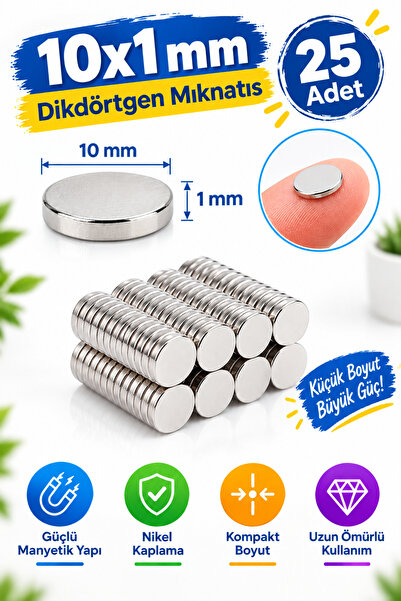 Dünya Magnet 25 Adet - Yuvarlak Neodyum Mıknatıs, 10x1 mm, N35 Güçlü Magnet