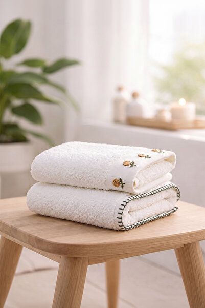 TEOHOMELİNENS Embroidered Cream and Ecru |   2 Pack Hand and Face Towels |   ...