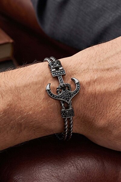 OSESHOP Oniks Taş Detaylı Çelik Çapa Figürlü Bileklik
