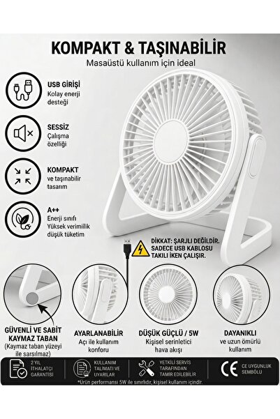 SPRANGE Masa Üstü Klima USB Girişli Sessiz Taşınabilir Mini Fan USB Vantilatö...