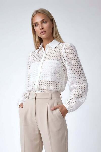Trend Alaçatı Stili Women's Opaque White Guipure Woven Premium Shirt ALC-X4366