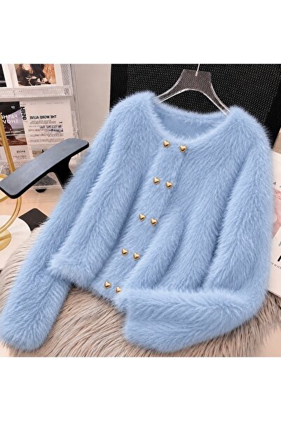 Elysira Women's Heart Buttoned Soft Look Knitwear Plush Basic Cardigan