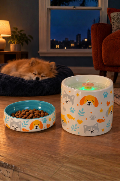 Pawicci Kedi Köpek Su Pınarı ve Mama Su Kabı 2'li Set Porselen Otomatik Filtreli Seramik Sebil 1.3 L LED Işıklı