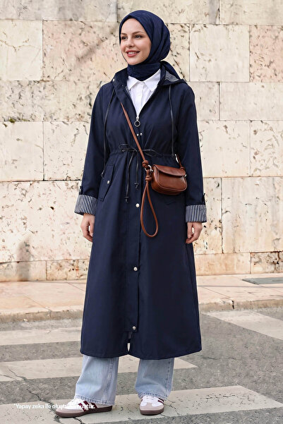 InStyle Astarlı Çizgi Desen Trençkot - Lacivert