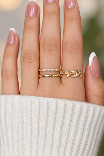 TREND COLLECTİON Stoned Adjustable Elegant 2'Li Gold Women's Ring