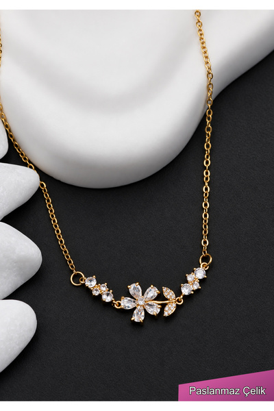 TREND COLLECTİON Kadın Paslanmaz Çelik Gold Zincir Zarif Çiçek Kolye