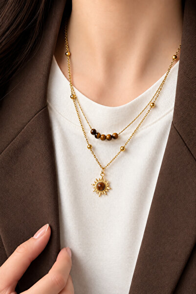 TREND COLLECTİON Double Layered Sun-Shaped Natural Stone Gold Women's Necklace