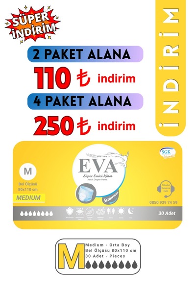 EVA Hasta Bezi Yetişkin Emici Külot Bez Orta Boy Medium 30 Adet Erkek Kadın