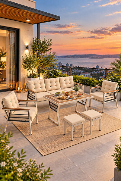 Evdemo Lara Metal Puflu Bahçe Balkon Takımı 3+1+1+Ahşap Masa Cappuccino