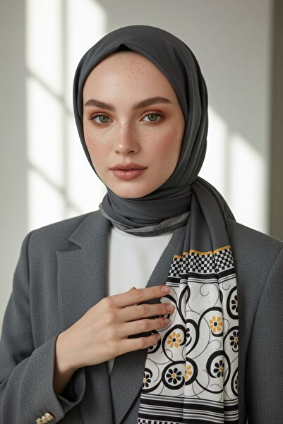 Vissona KREP KENAR MOTİFİ ÇİÇEK DESENLİ GRİ RENKLİ 75X195 KIRIŞMAZ ŞAL