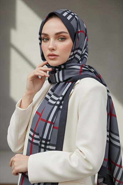 Vissona KREP EKOSE DESENLİ SİYAH - KIRMIZI RENKLİ 75X195 KIRIŞMAZ ŞAL