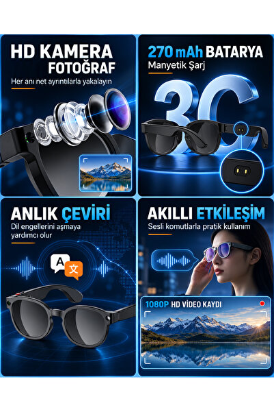 EN SİGA Yuvarlak Çerçeveli 8 MP Kameralı Yapay Zeka Akıllı Gözlük 1080P Anti-Shake Video AI Çeviri Bluetooth