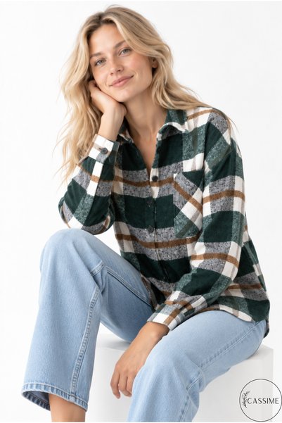 Cassime Women's Dark Green Ecru Cashmere Thick Plaid Lumberjack Shirt - Thin Jacket