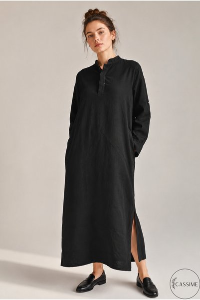 Cassime Women's Black Long Hakim Collar Muslin 100% Cotton Oversize Dress - Without Belt