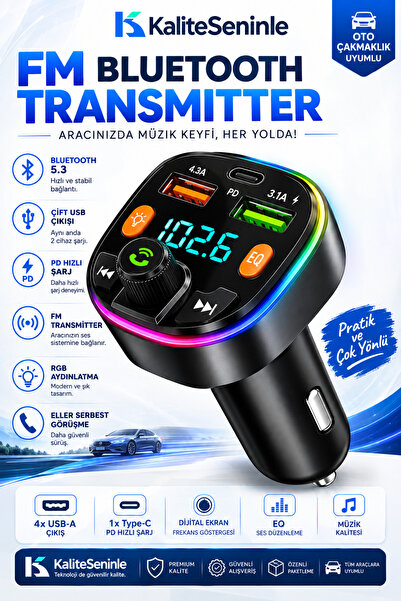 KALİTESENİNLE Bluetooth Araç Kiti Araç Fm Transmitter USB Type-C MP3 SD Kart ...