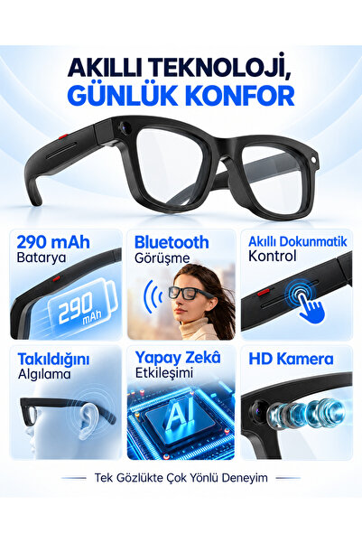 EN SİGA Yapay Zeka 3 Lensli Akıllı Gözlük 8 MP Kamera 1080P Anti-Shake AI Çeviri Bluetooth