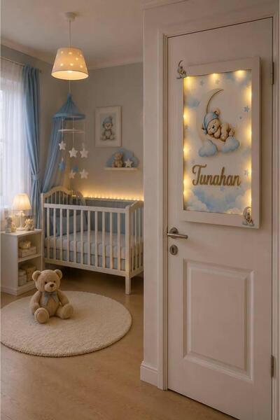 Ayıcık Mavi Bulutlu Bebek Odası LED'li Duvar Pano Gece Lambası Tablo