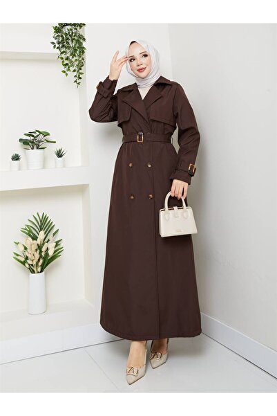 Miss Meliss Trençkot kuruvaze yaka kemerlı tam boy tessettür pardesu