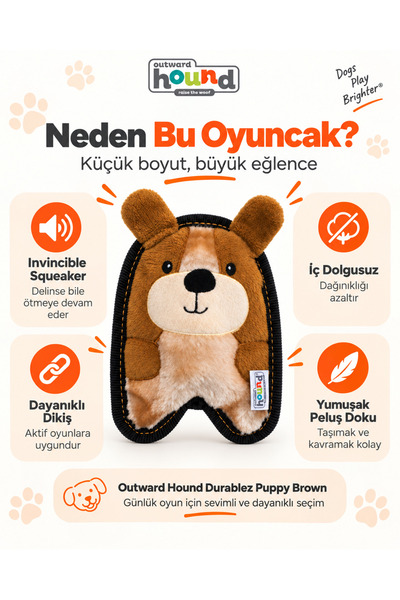 Outward Hound Invincibles Puppy Brown Dog Toy XS - High Durability and Squeaky