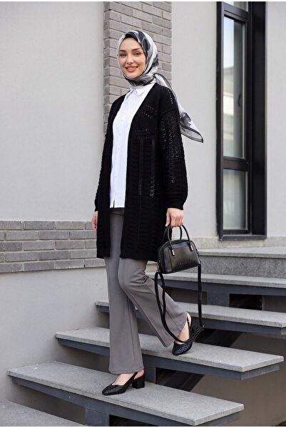 Modamorfo Pompom Mixed Pattern Araboy Knitwear Cardigan - Black