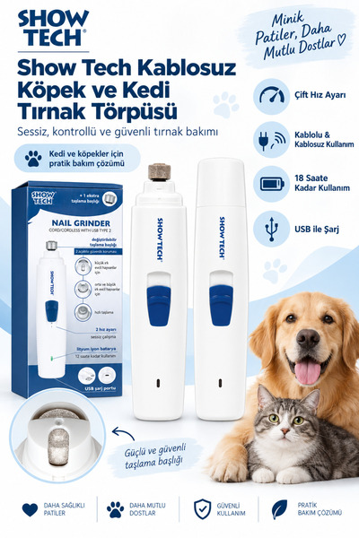 Showtech Kablosuz Köpek ve Kedi Tırnak Törpüsü - Yedek Başlıklı