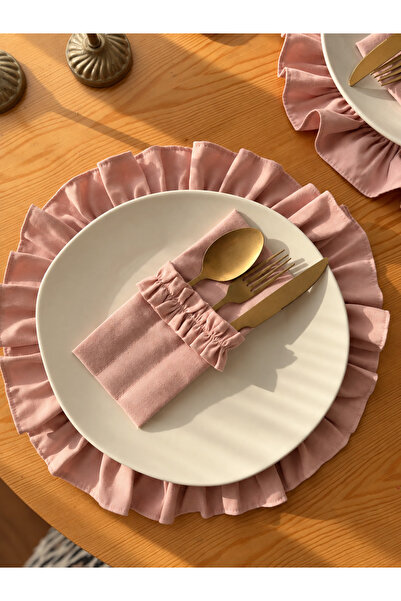 KaiAtelier 4-Piece Rosy Linen Fabric 3-Compartment Spoon Holder with Ruffle D...