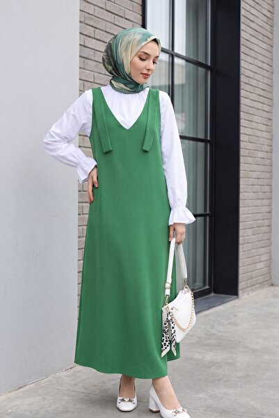 Modamorfo Long Gilet with Tie Shoulders - Forest Yş.