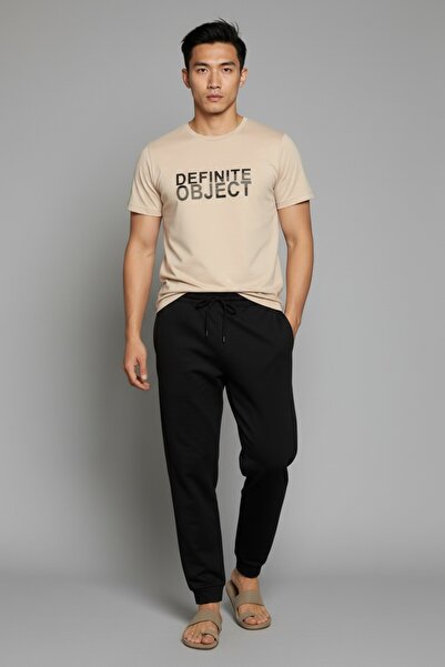 I BIZA Two Threaded Tracksuit Set Printed Beige T-Shirt Black Jogger Pants Me...
