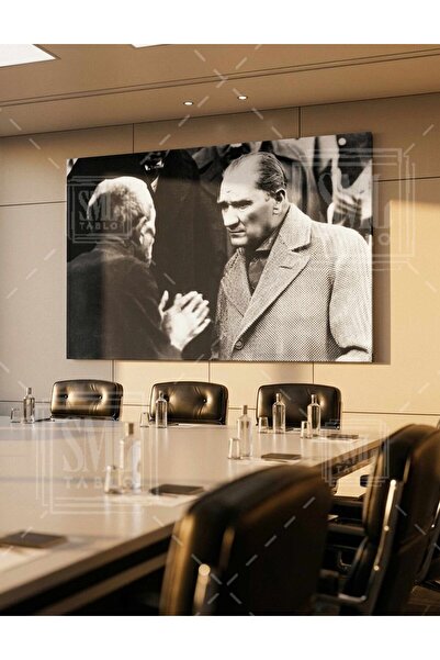 SML TABLO Atatürk ve Derdini Anlatan Köylü Vatandaş Siyah Beyaz Tarihi Dekora...