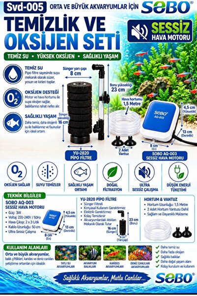 Sobo Svd-005 ORTA VE BÜYÜK AKVARYUMLAR İÇİN SESSİZ MOTOR TEMİZLİK VE OKSİJEN ...