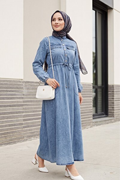 Modamorfo Stone Pocket Detailed Tunnel Lace-Up Denim Dress - Ice Blue