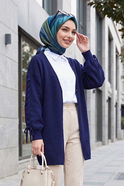 Modamorfo Knitted Cardigan with Braided Sleeves - Navy Blue